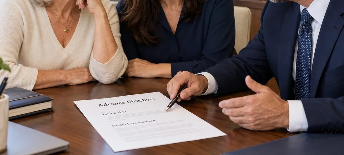 Estate planning documents, including advance directives, reviewed at a conference table