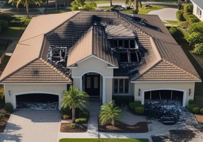 Aerial view of a home with a fire-damaged roof