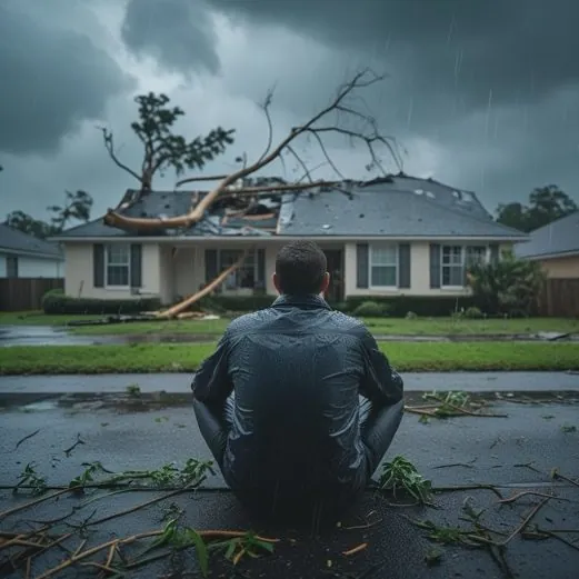 Homeowner sitting in front of a house hit by a fallen tree after a hurricane