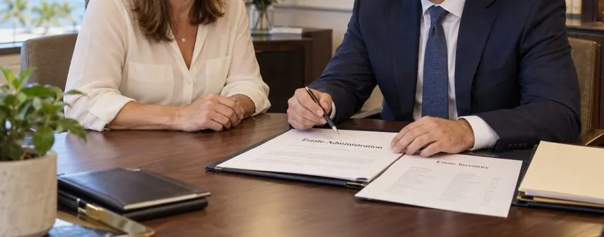 Estate administration papers being signed at a desk