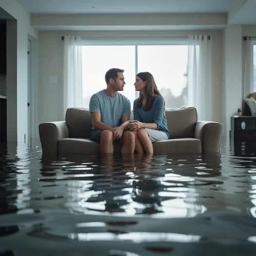 Couple sitting in a water-damaged living room