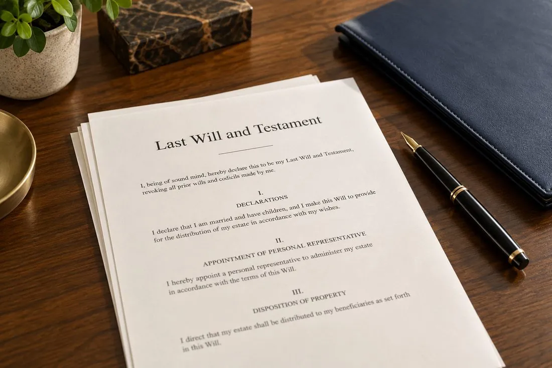 A Last Will and Testament document on a desk with a fountain pen