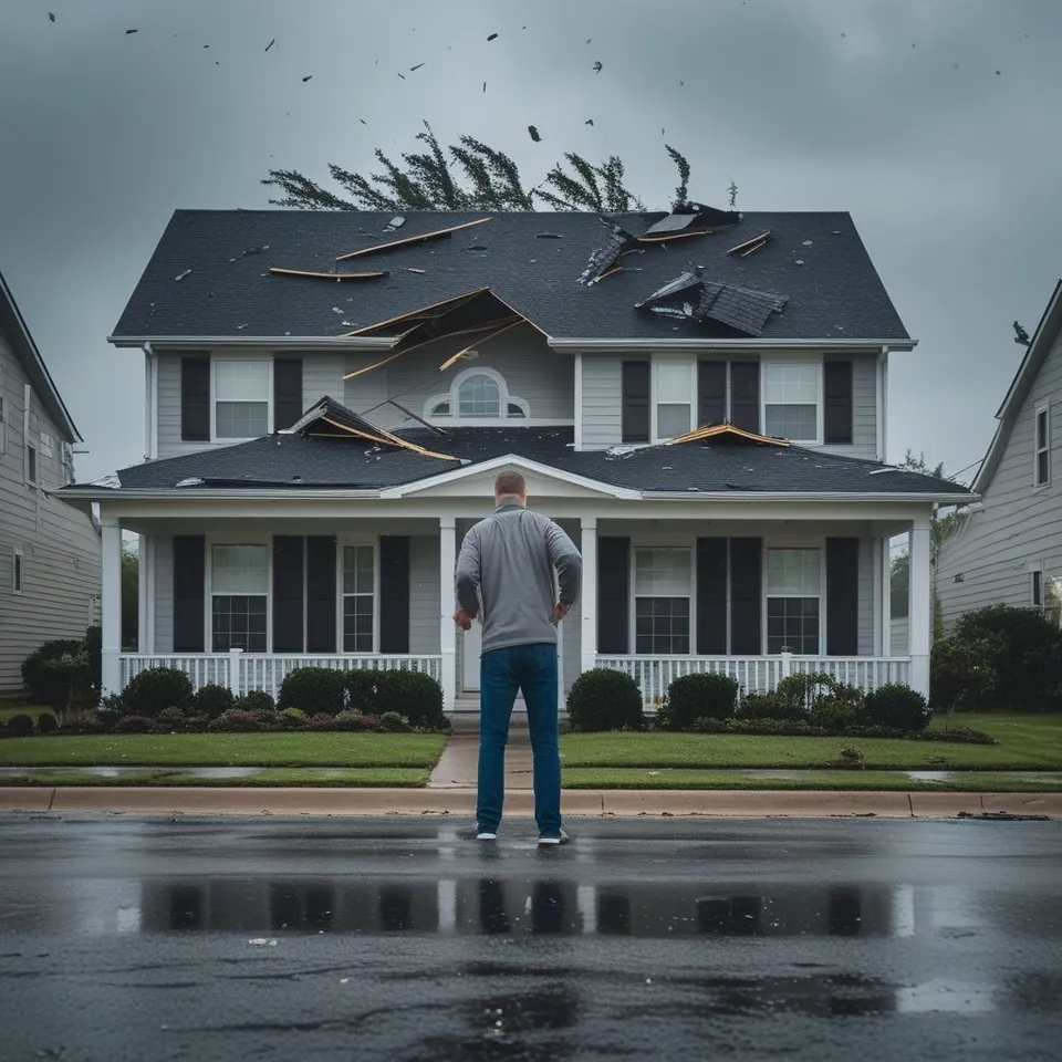 Homeowner looking at a house with a wind-damaged roof